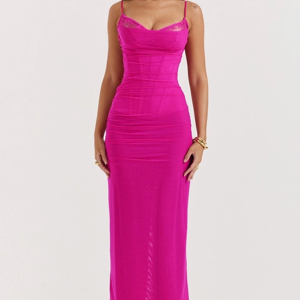 HOUSE OF CB 'Nalini' Fuchsia Stretch Mesh Maxi Dress Size XS